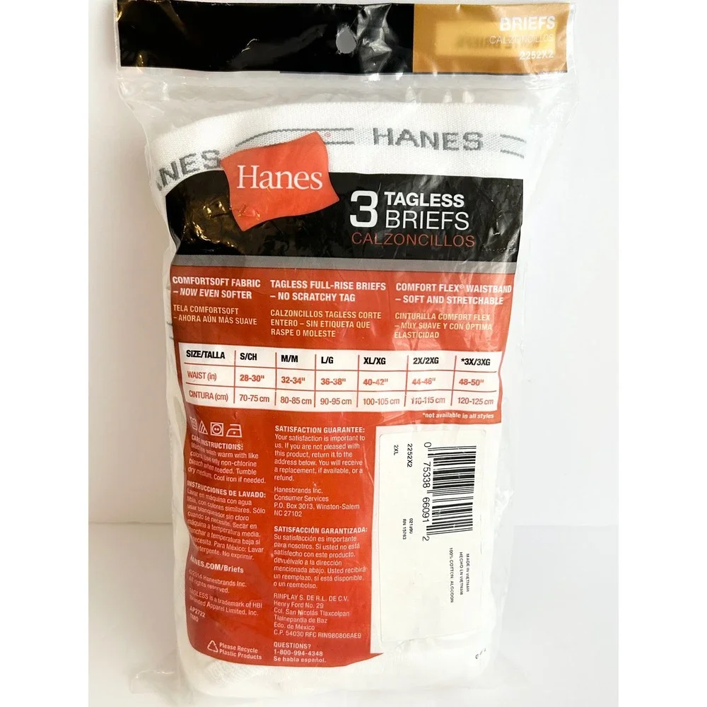 Hanes Mens 3 Pack Tagless Briefs White ComfortSoft Full Rise 2XL 2252X2